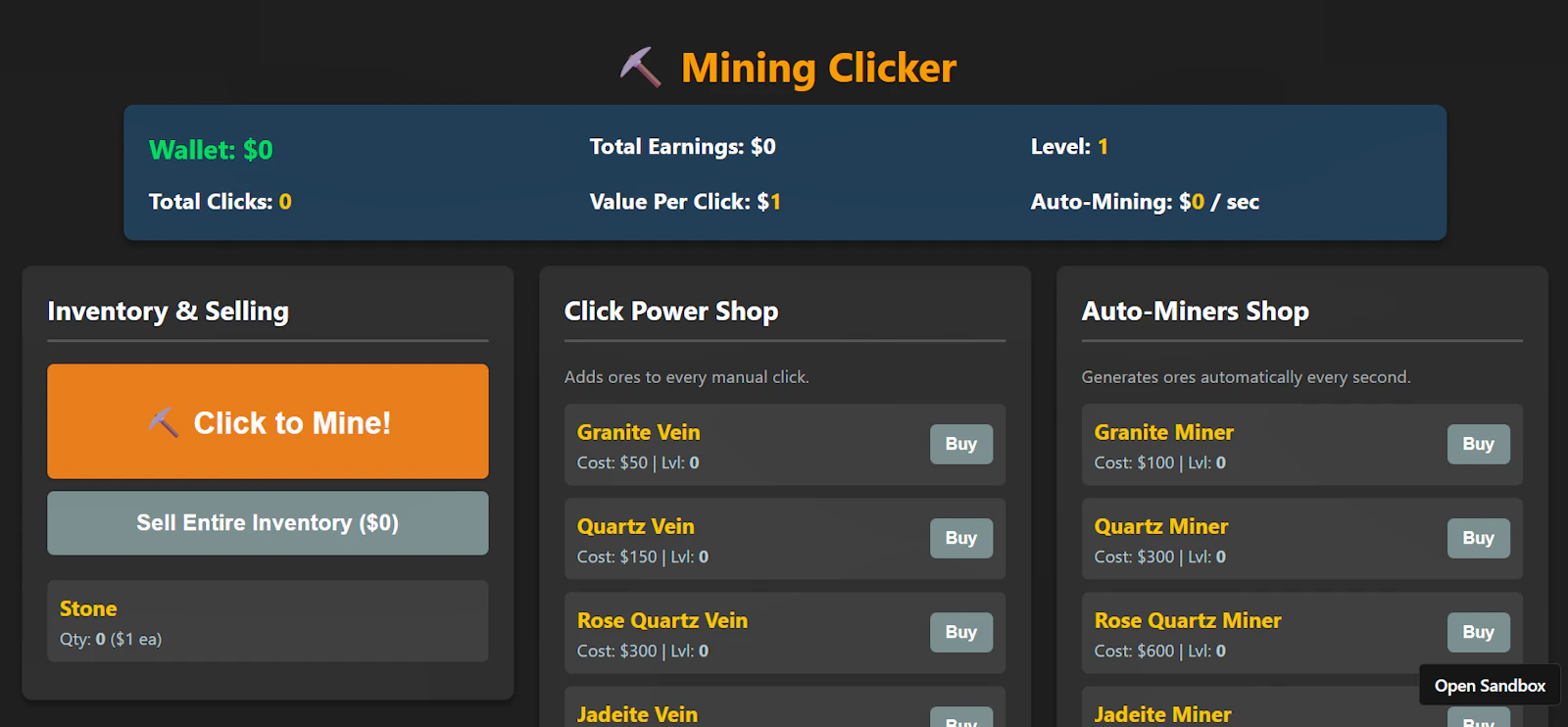 Mining Clicker — free online clicker game on Glaze Games